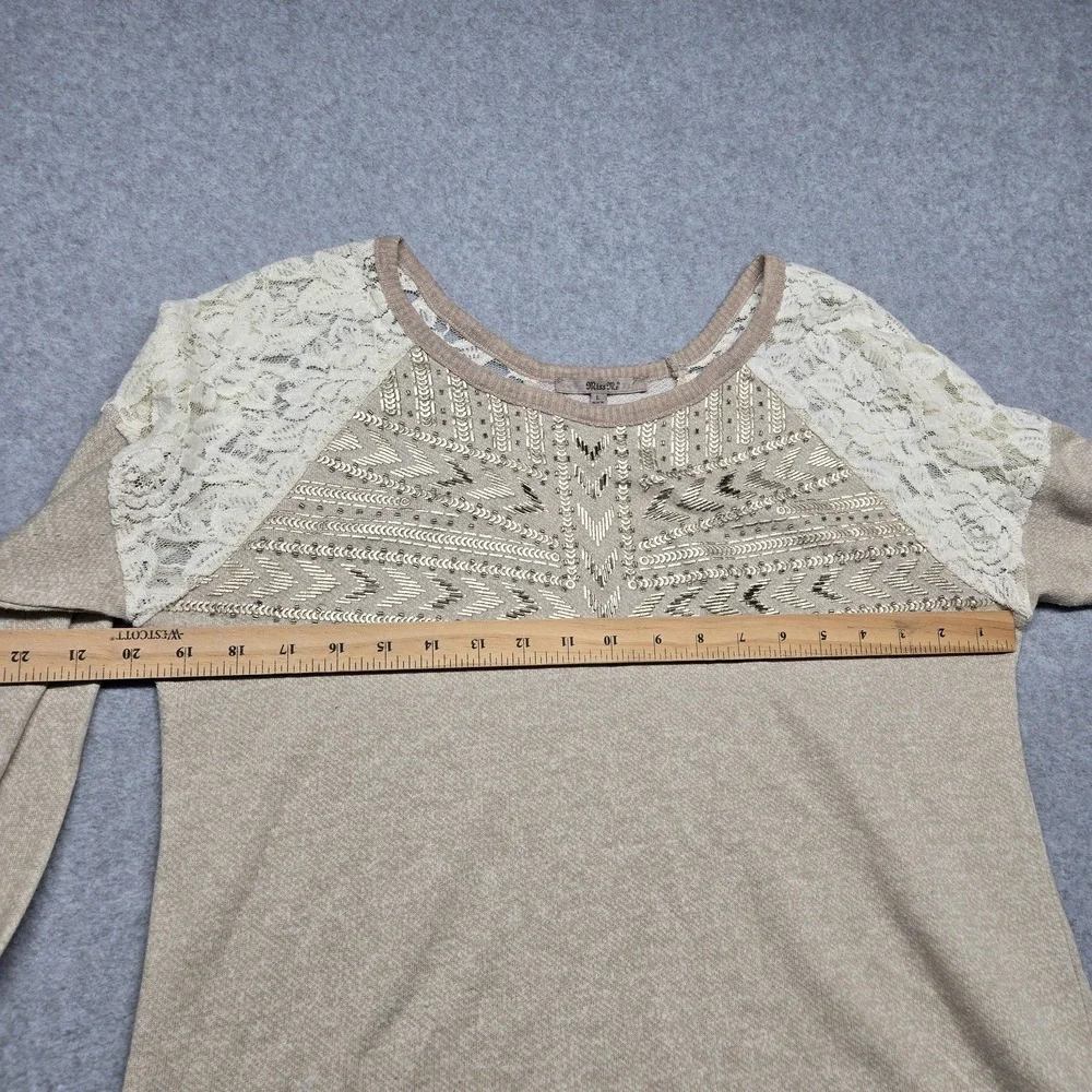 Miss Me Sweater Womens‎ Large Beige Lace Sequin Geometric Raglan Pullover Knit